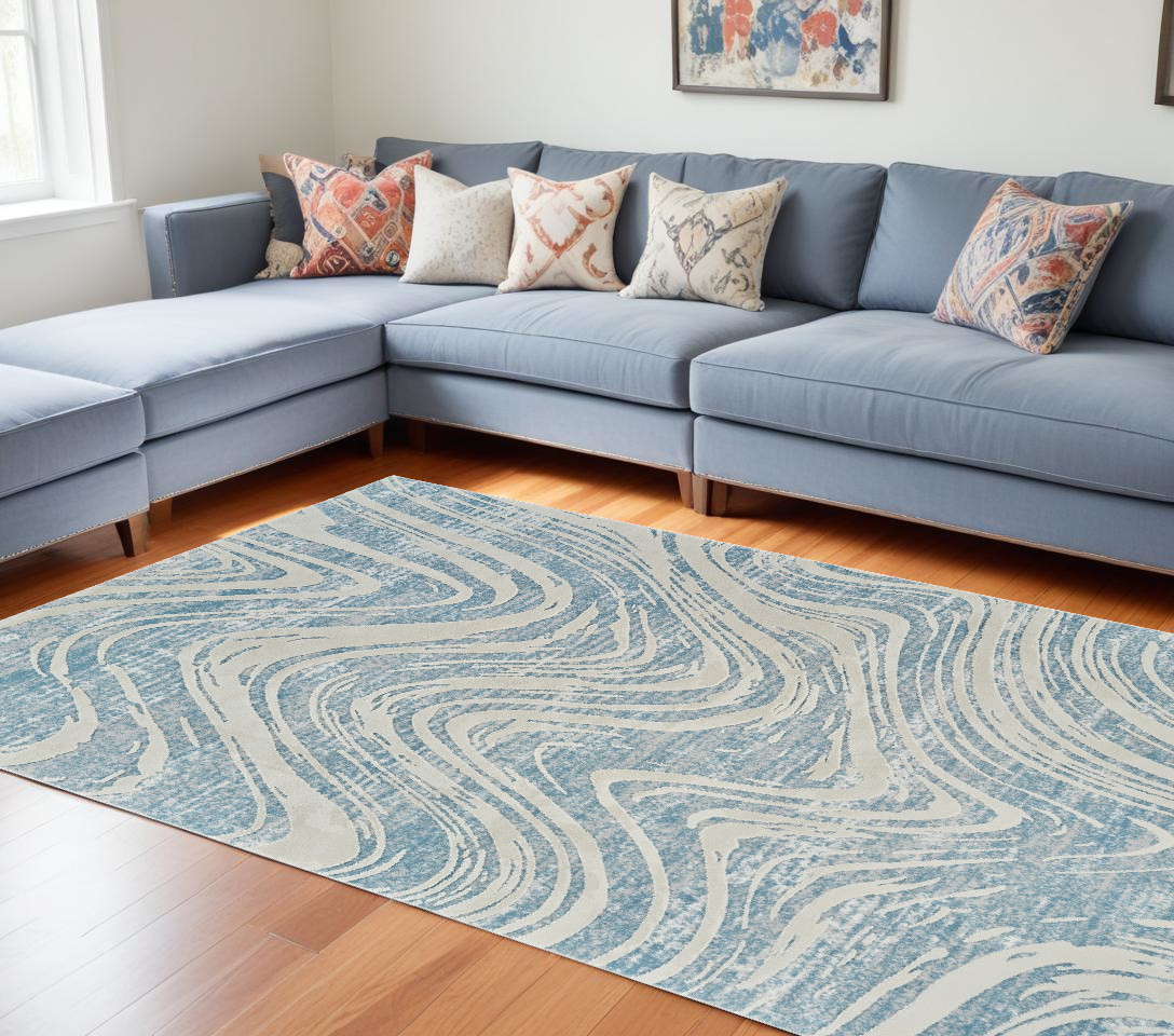 558831 8 x 11 ft. Abstract Distressed Rectangle Area Rug, Blue & Beige