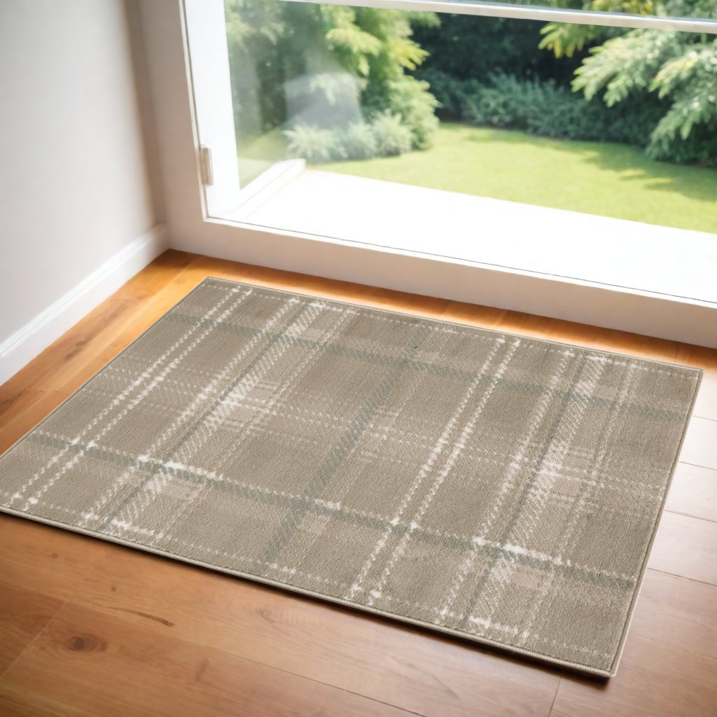 572456 3 x 5 in. Plaid Machine Made Rectangle Area Rug, Taupe & Ivory