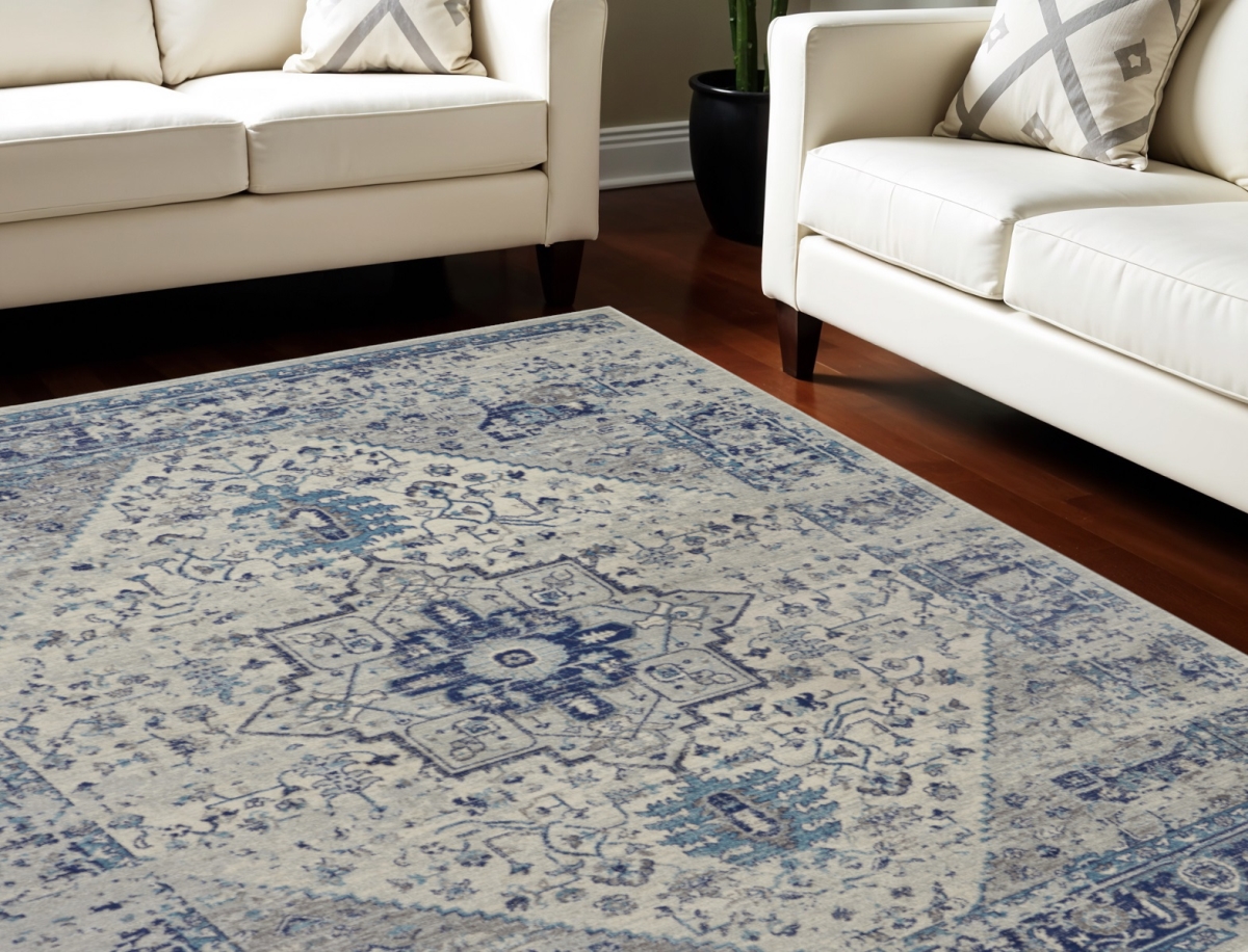551039 7 x 10 ft. Floral Medallion Distressed Rectangle Area Rug, Ivory & Light Blue