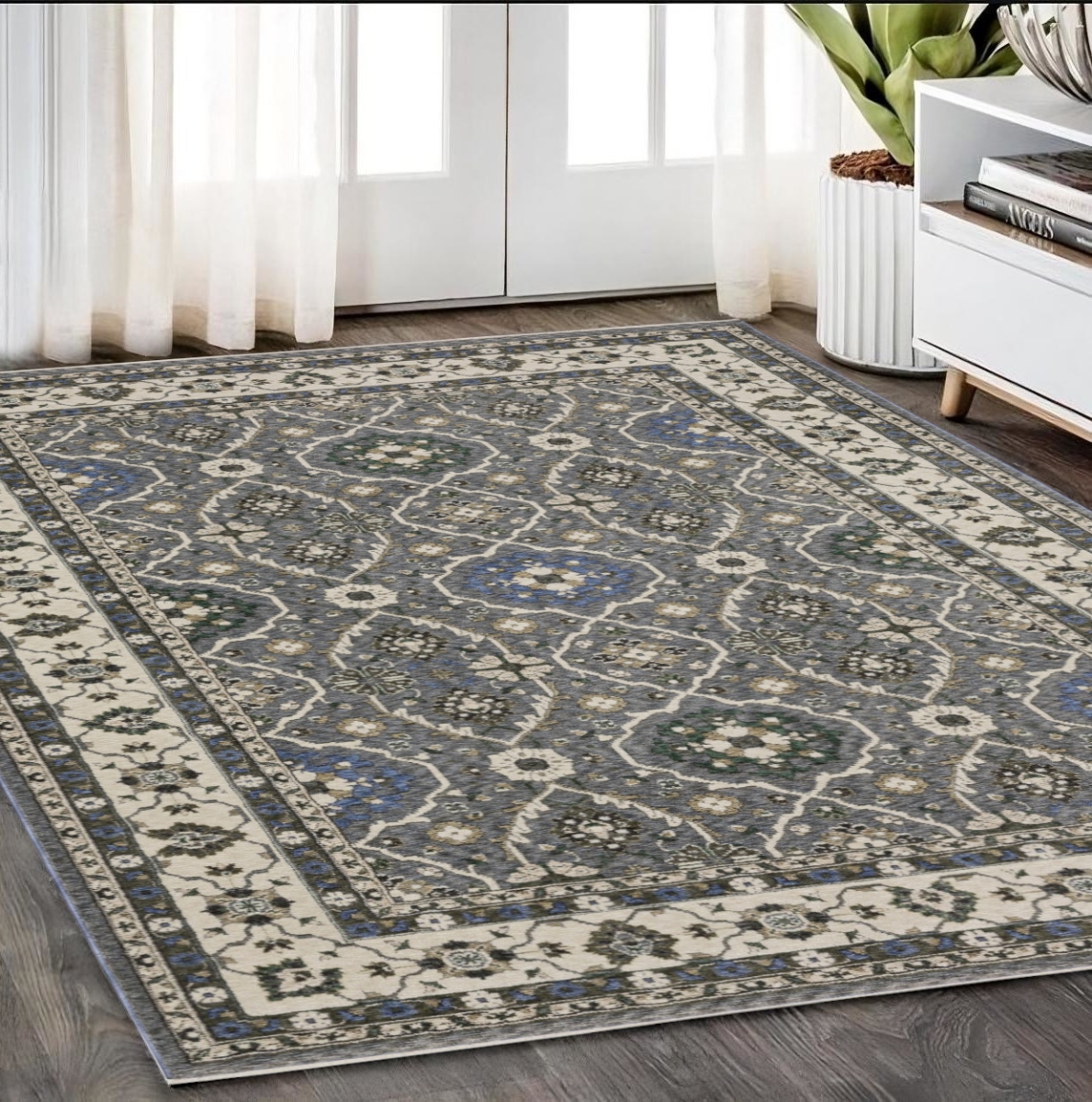 574925 5 x 8 ft. Oriental Rectangle Area Rug with Fringe, Blue & Gray