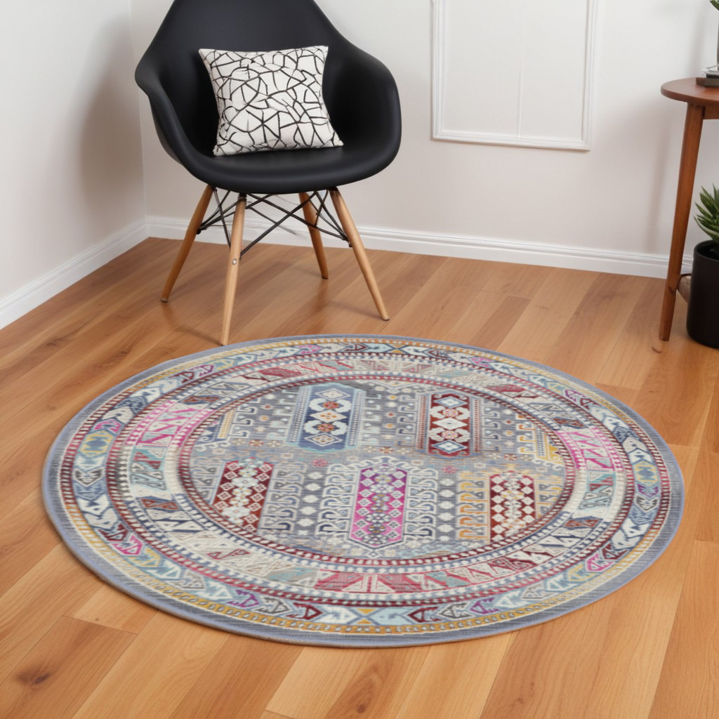 552347 6 ft. Floral Distressed Round Rug, Ivory, Gray & Red