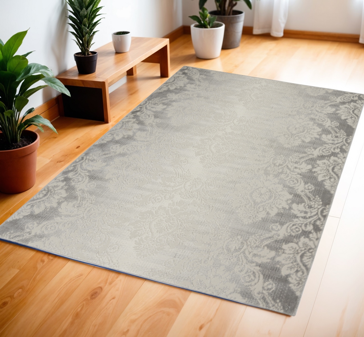 553537 4 x 6 ft. Damask Distressed Non Skid Rectangle Area Rug, Gray & Ivory