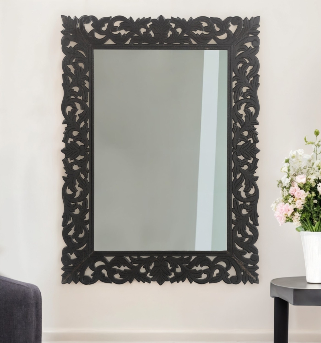 521567 47 in. Black Floral Carved Solid Wood Framed Accent Mirror