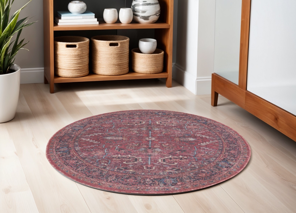 552399 5 ft. Red Round Floral Power Loom Distressed Area Rug