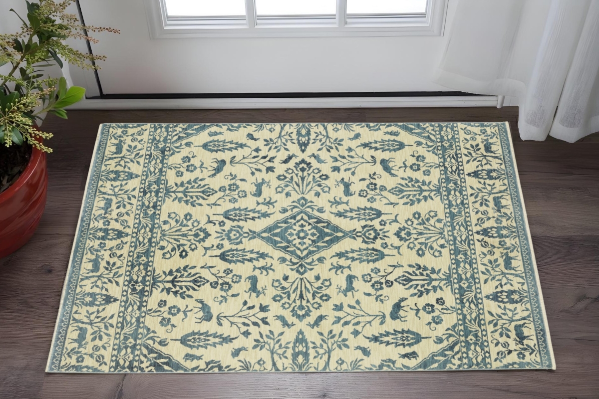 575172 2 x 3 ft. Oriental Rectangle Area Rug with Fringe, Ivory & Blue