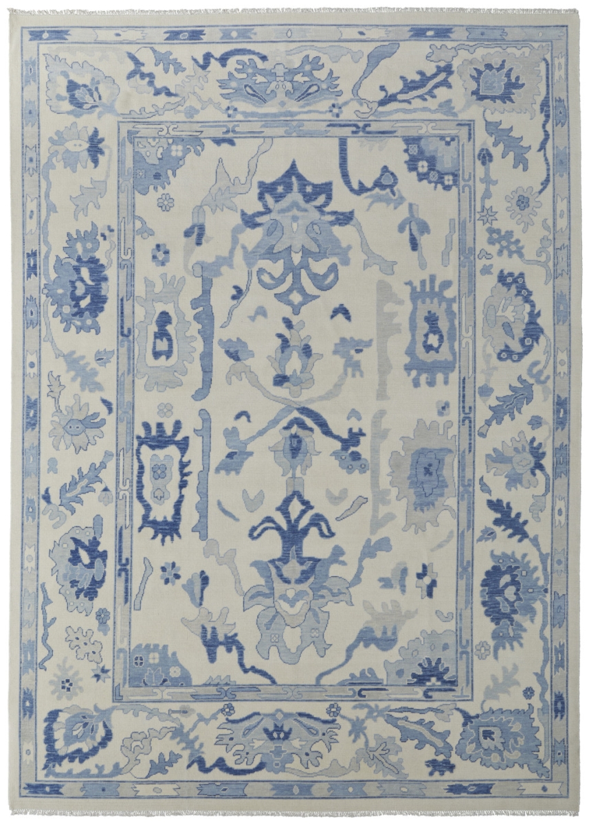 566299 6 x 9 ft. Ivory & Blue Wool Floral Hand Knotted Rectangle Area Rug with Fringe