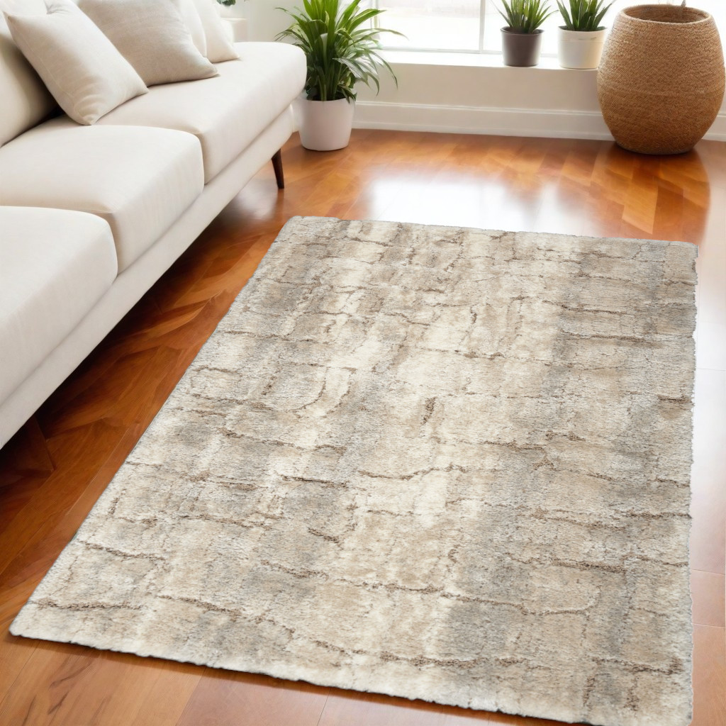 551113 5 x 7 ft. Abstract Shag Rectangle Area Rug, Beige & Ivory