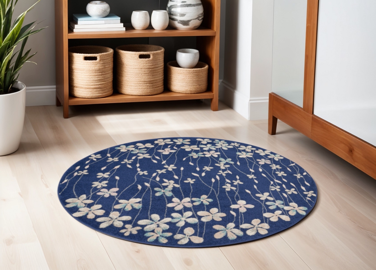 552380 5 ft. Floral Round Rug, Navy Blue & Ivory