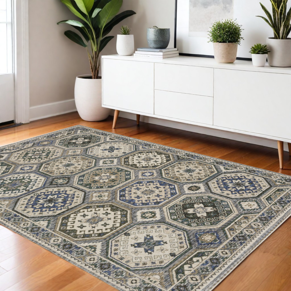 574967 4 x 6 ft. Medallion Rectangle Area Rug with Fringe, Ivory & Blue