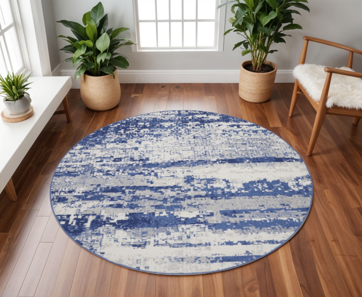 552308 8 ft. Abstract Round Rug, Ivory & Navy Blue