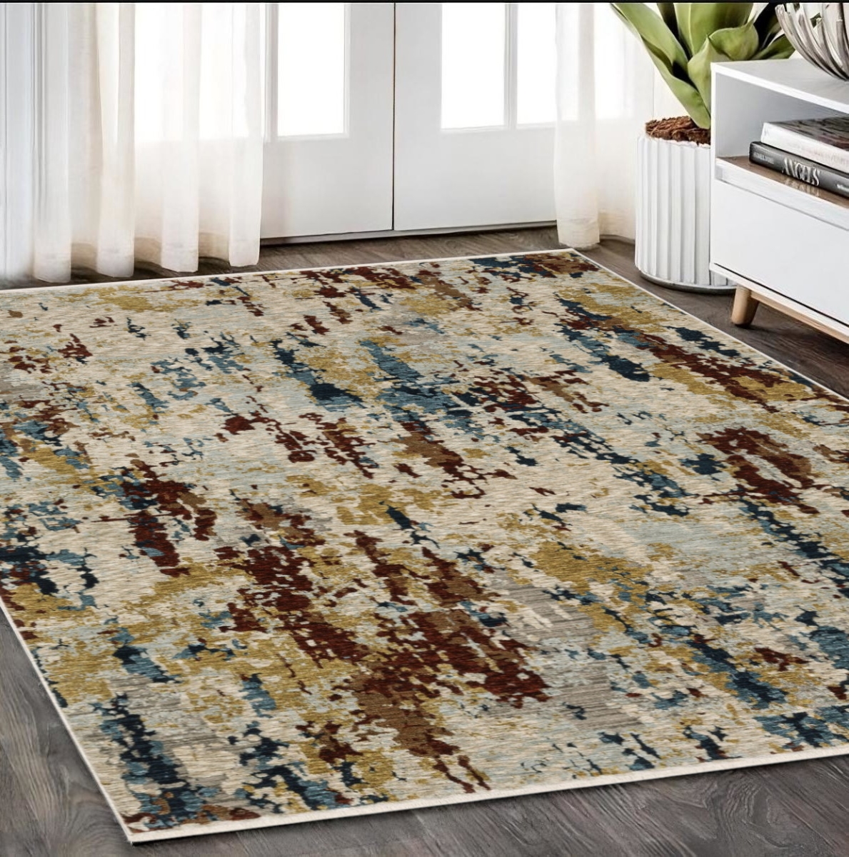 575029 5 x 8 ft. Abstract Distressed Rectangle Area Rug with Fringe, Beige, Rust & Light Blue