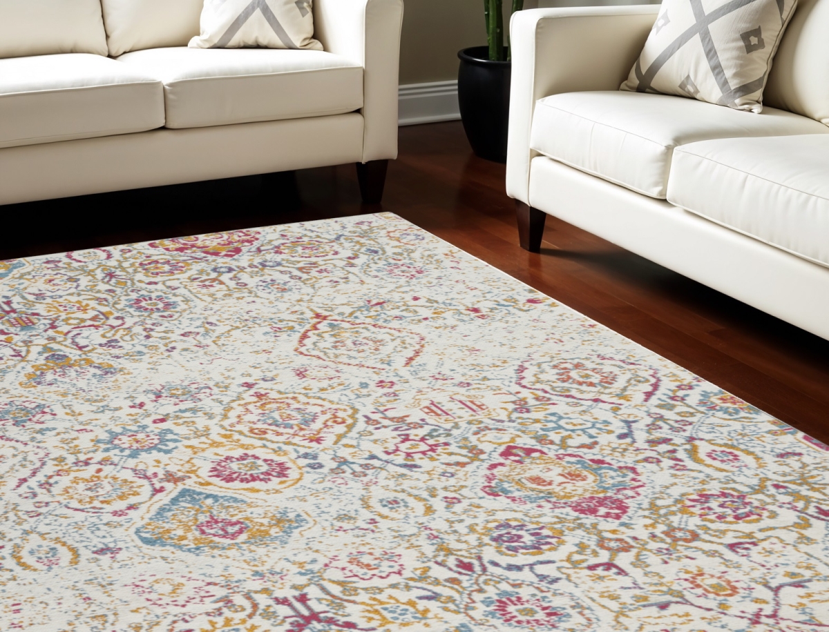 550910 8 x 10 ft. Damask Distressed Rectangle Area Rug, Ivory, Red & Yellow