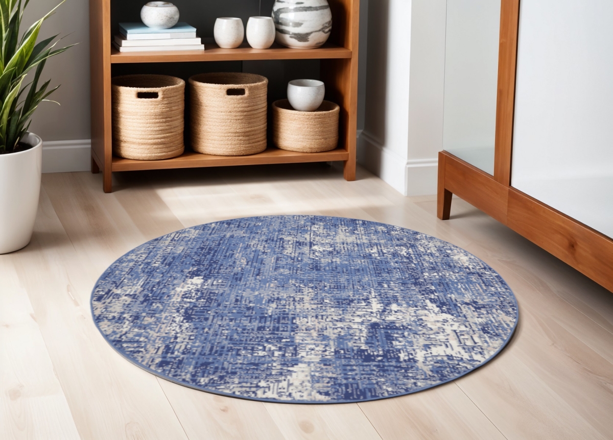 556170 5 ft. Abstract Distressed Round Rug, Ivory & Blue