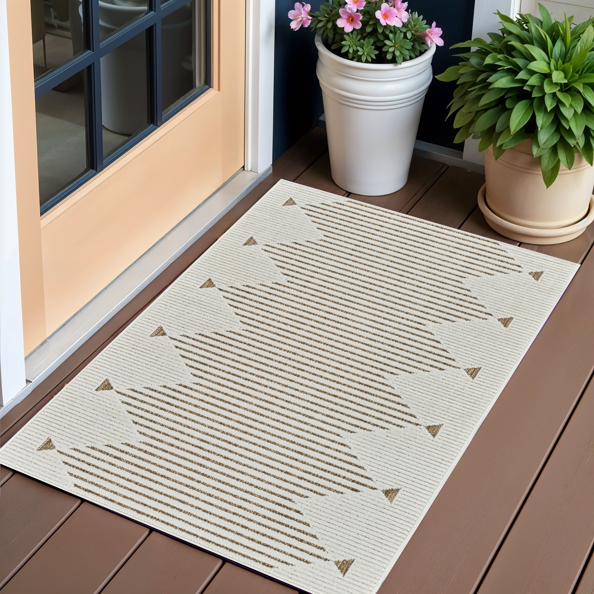 Geometric Distressed Area Rug - Beige & Brown - 3 x 5 ft - Water Resistant