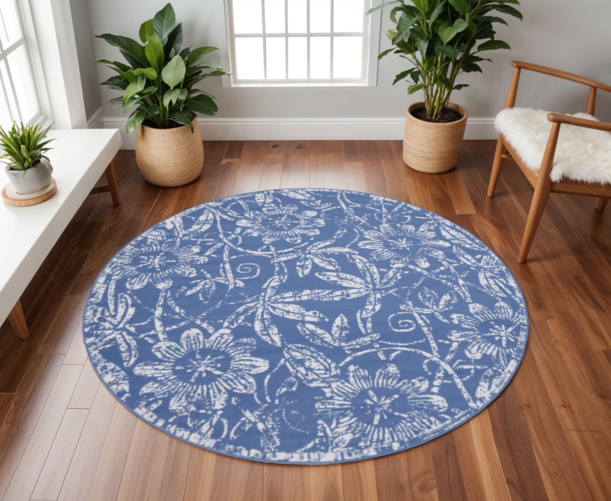 552316 8 ft. Floral Distressed Round Rug, Ivory & Blue