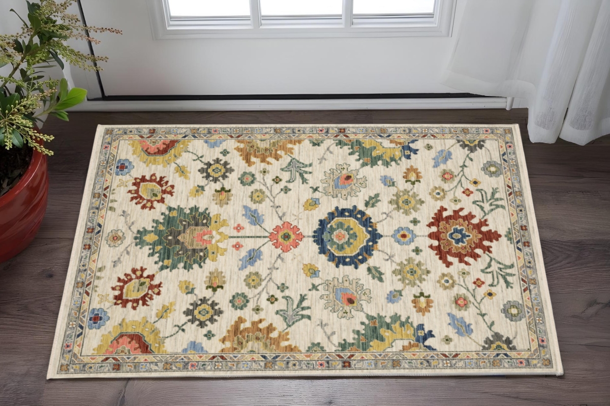 Oriental Area Rug - Ivory Red & Blue - 2 x 3 ft. - Fringed Design