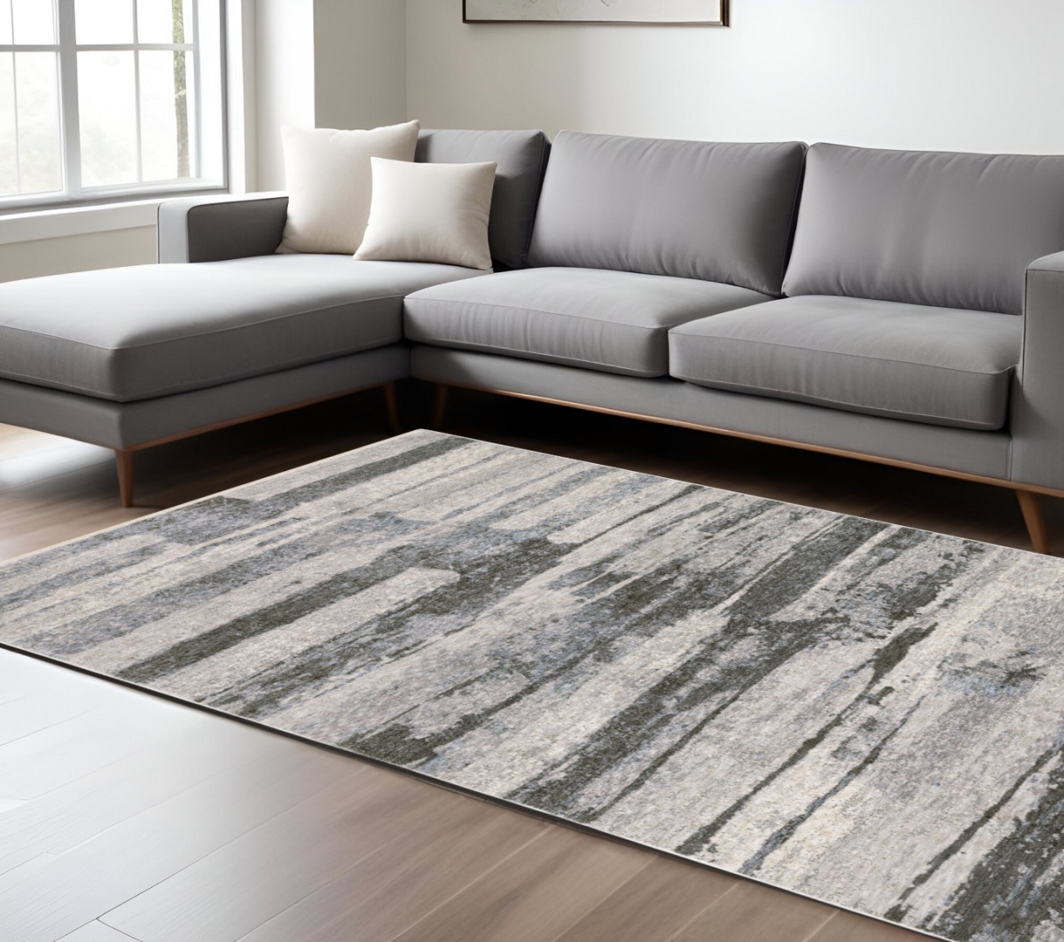 575884 7 x 10 ft. Abstract Rectangle Area Rug with Fringe, Gray & Ivory
