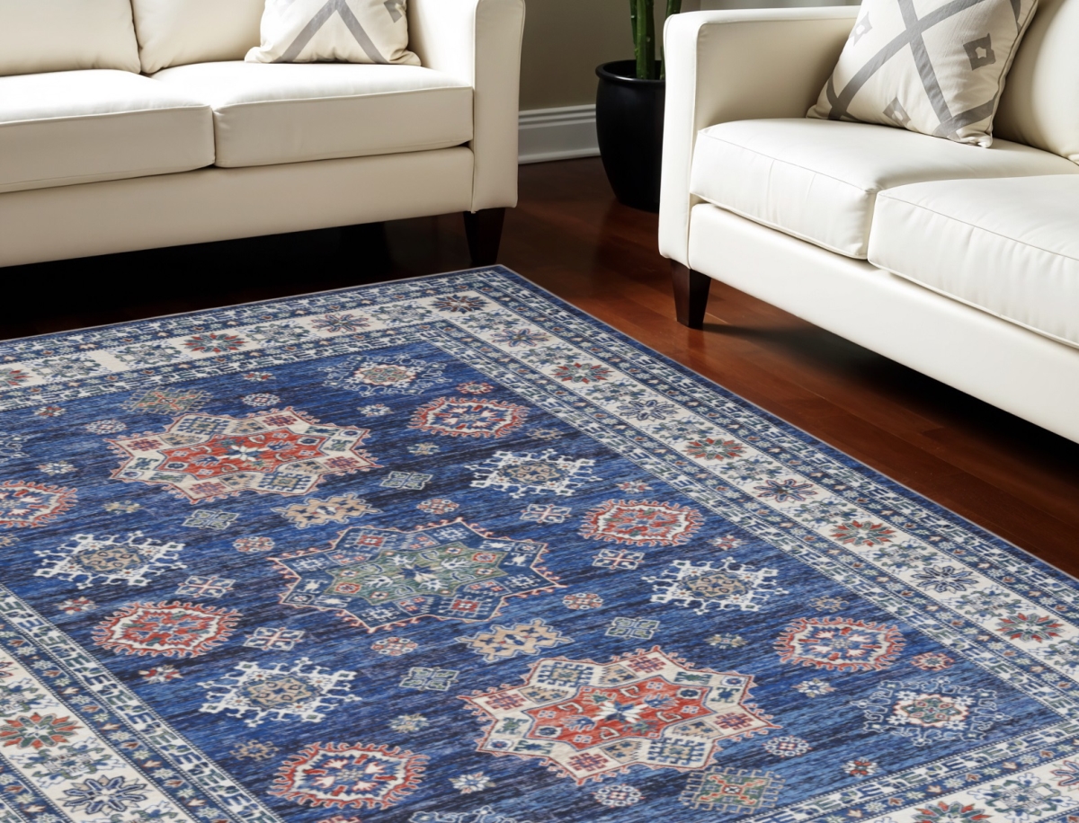 550531 8 x 10 ft. Floral Medallion Distressed Non Skid Rectangle Area Rug, Ivory & Blue