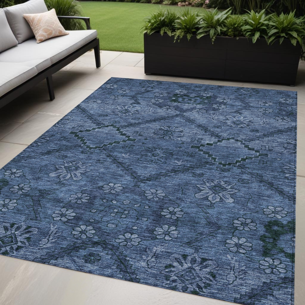 588895 5 x 8 ft. Floral Washable Indoor & Outdoor Rectangle Area Rug, Navy Blue & Denim Blue