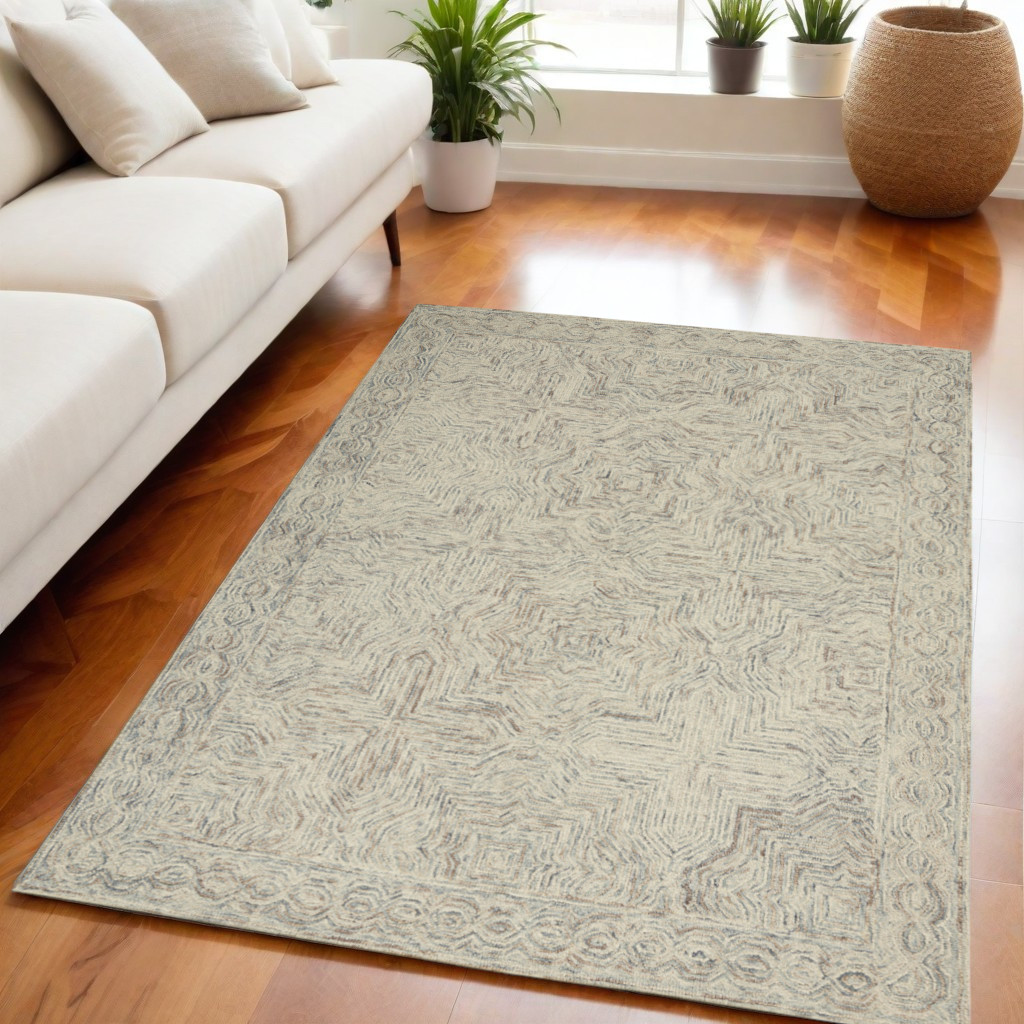 553511 5 x 8 ft. Wool Geometric Rectangle Area Rug, Ivory & Blue