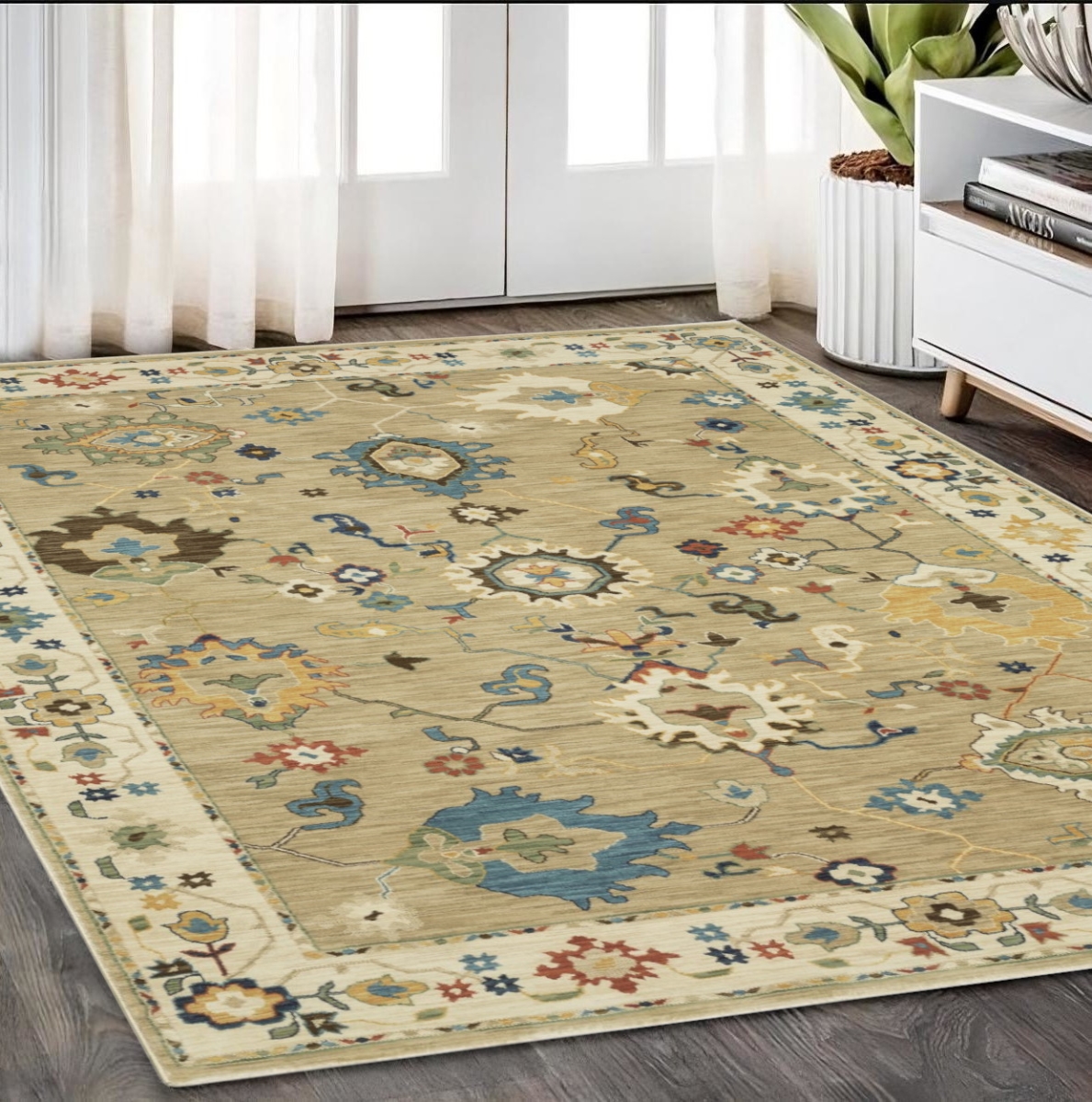 574589 5 x 8 ft. Oriental Rectangle Area Rug with Fringe, Beige, Light Blue & Tan
