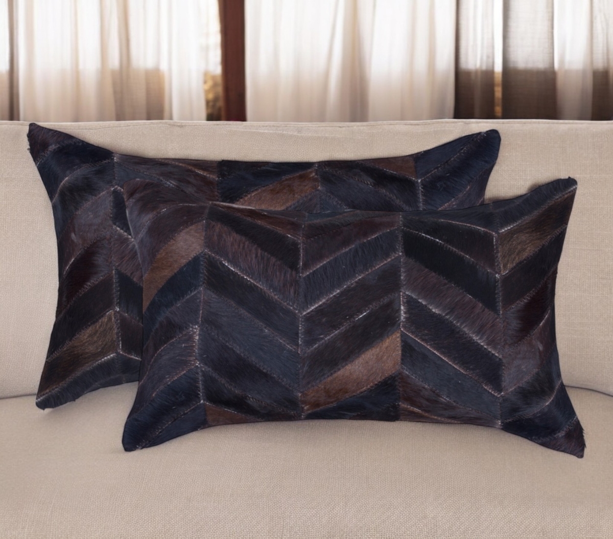 544583 12 x 20 in. Chocolate Chevron Cowhide Lumbar Throw Pillows - Set of 2