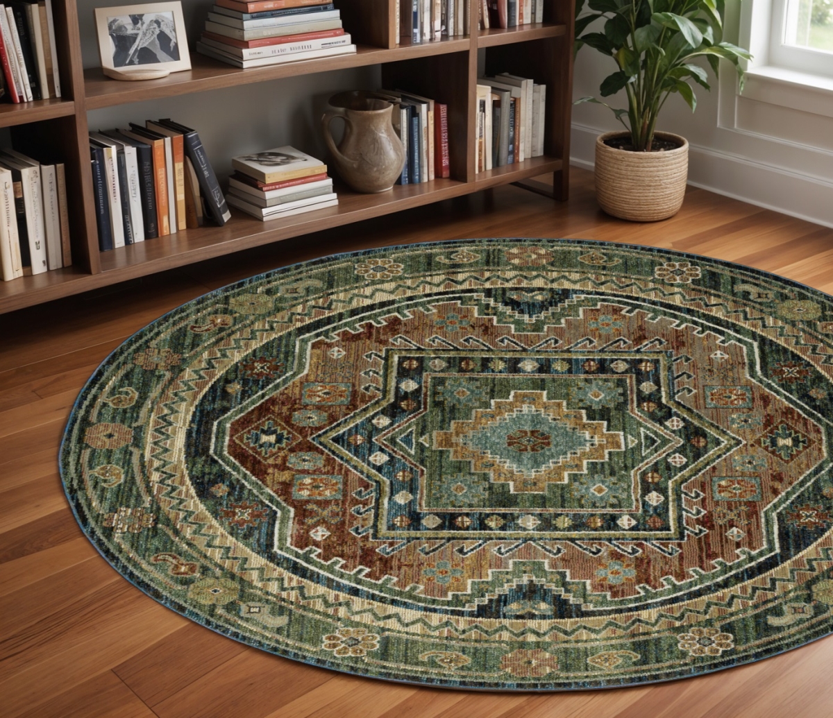 576123 8 ft. Tribal Round Rug, Blue, Rust & Orange