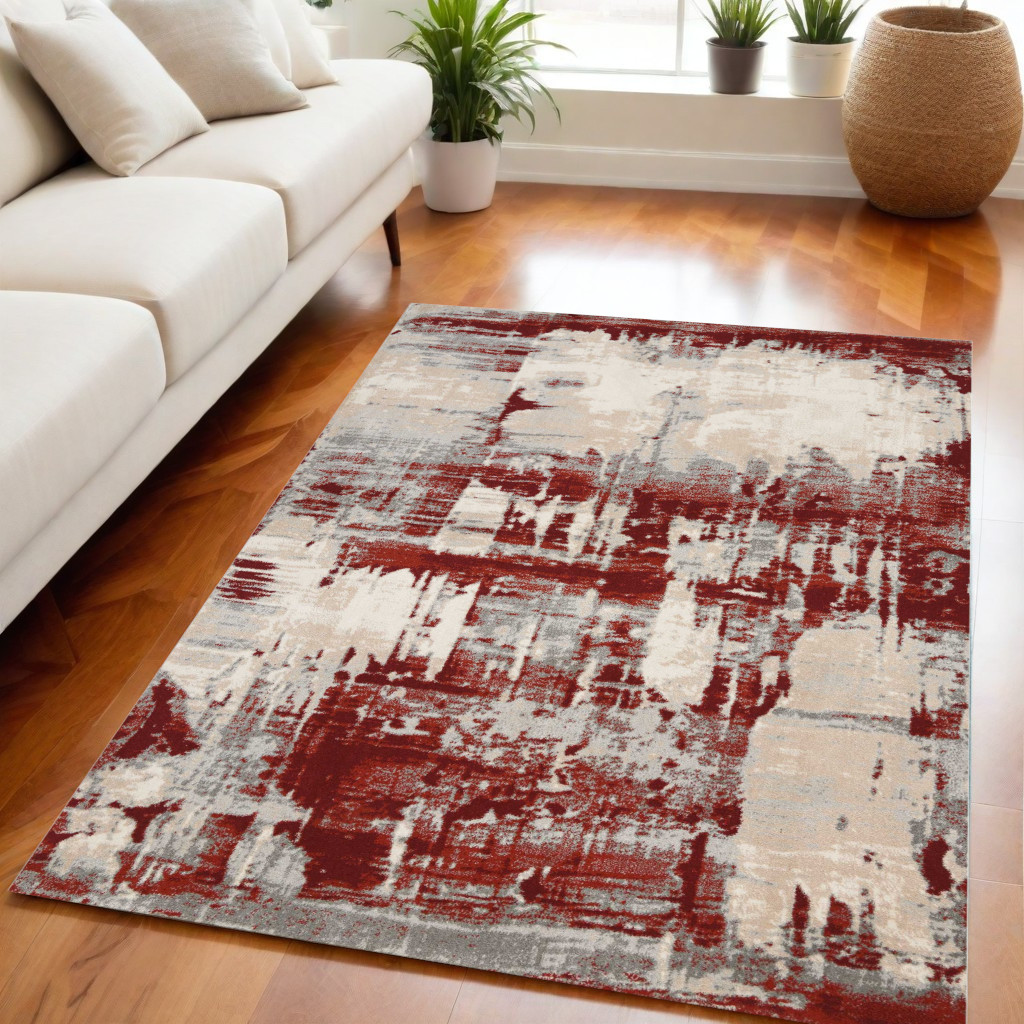 550569 5 x 7 ft. Abstract Non Skid Rectangle Area Rug, Ivory, Red & Gray