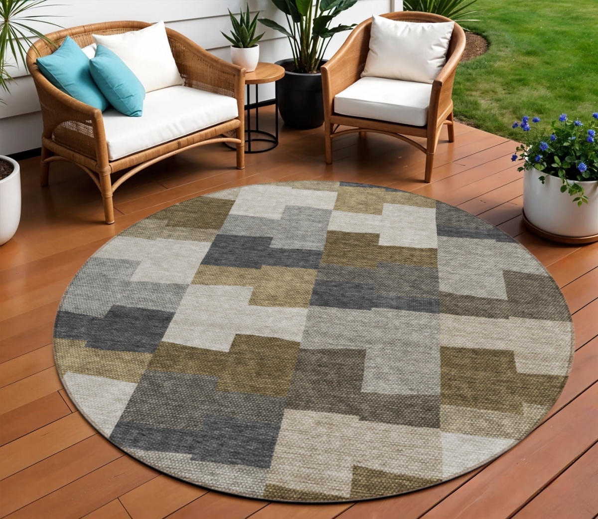 580378 8 ft. Round Geometric Washable Indoor & Outdoor Area Rug, Brown, Beige & Ivory