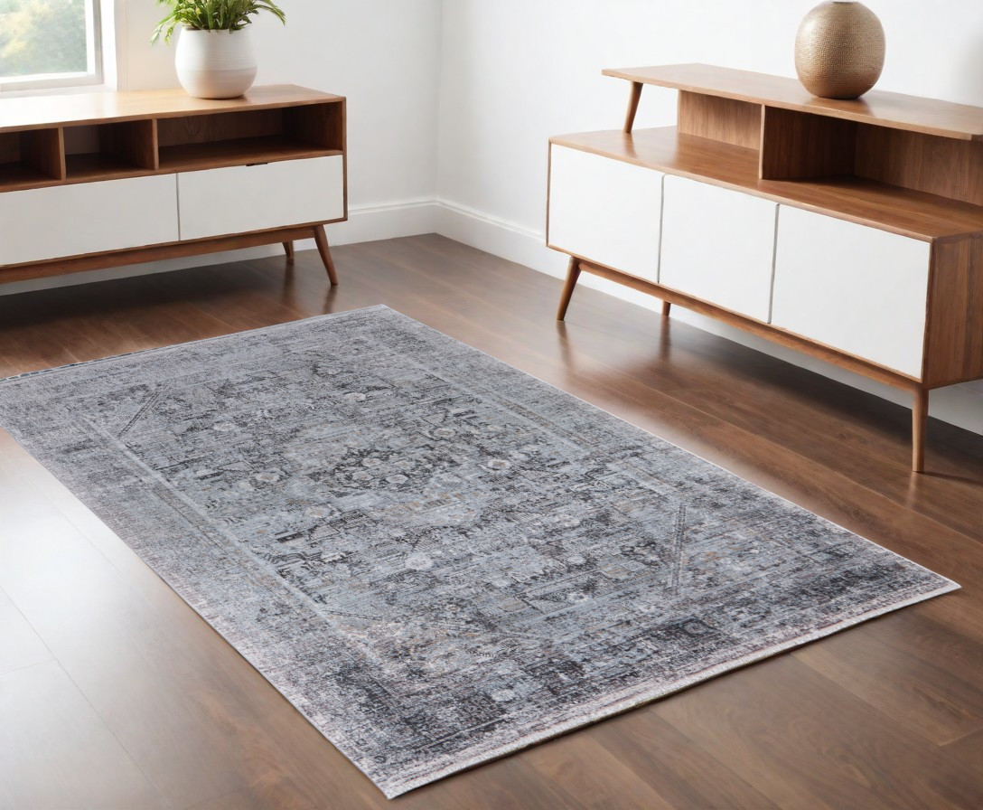 566359 4 x 5 ft. Oriental Power Loom Worn Faded Rectangle Area Rug, Gray & Silver