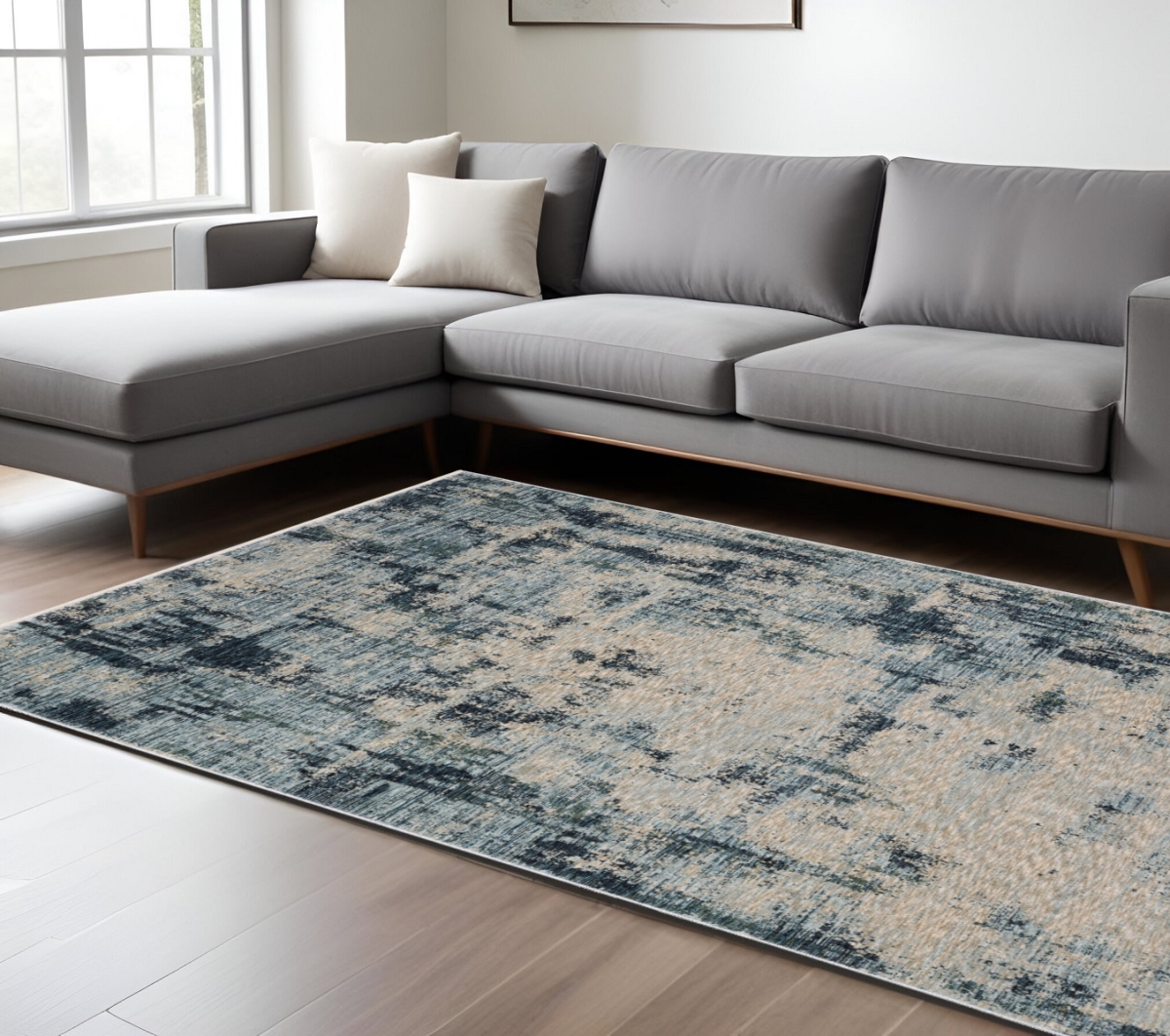 574764 8 x 11 ft. Abstract Distressed Rectangle Area Rug with Fringe, Beige & Blue