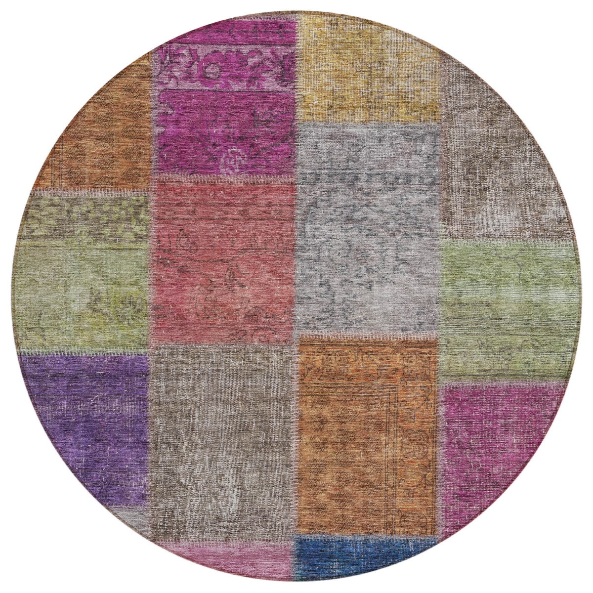580618 8 ft. Round Patchwork Washable Indoor & Outdoor Area Rug, Copper, Navy Blue & Gold