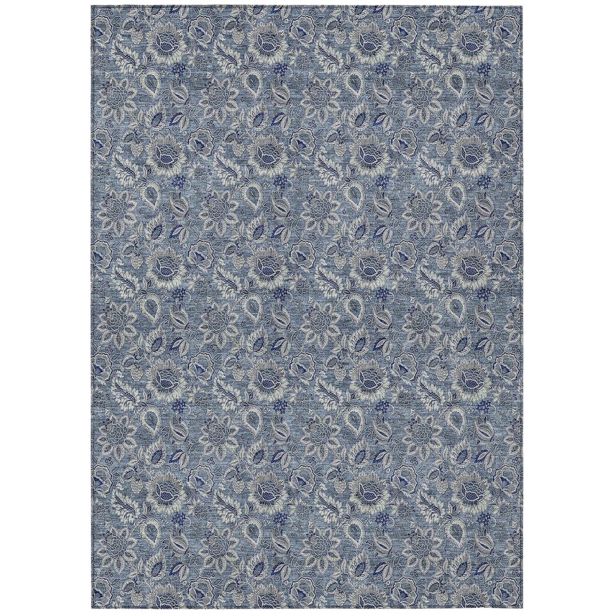 580494 9 x 12 ft. Floral Washable Indoor & Outdoor Rectangle Area Rug, Denim Blue & Navy Blue