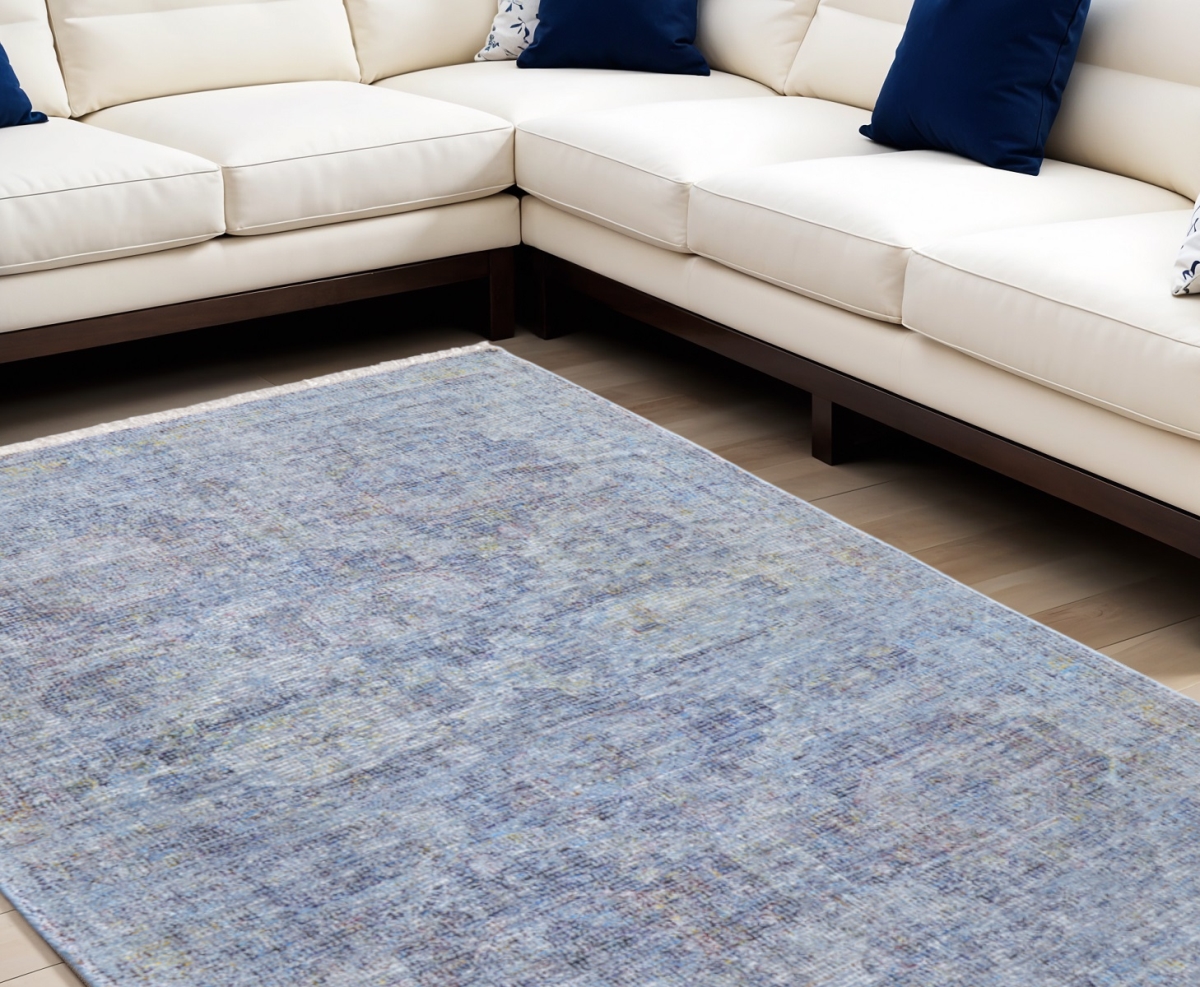 566200 8 x 10 ft. Abstract Hand Woven Distressed Rectangle Area Rug with Fringe, Blue & Ivory