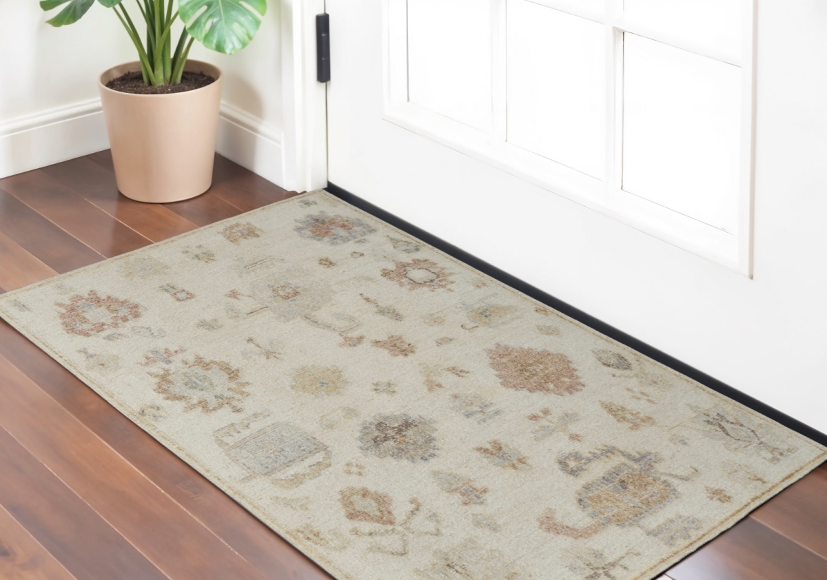 567193 2 x 3 ft. Wool Floral Hand Knotted Rectangle Area Rug, Ivory, Tan & Gray