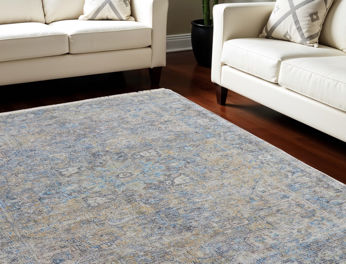 566191 10 x 14 ft. Abstract Hand Woven Distressed Rectangle Area Rug with Fringe, Gray, Blue & Tan