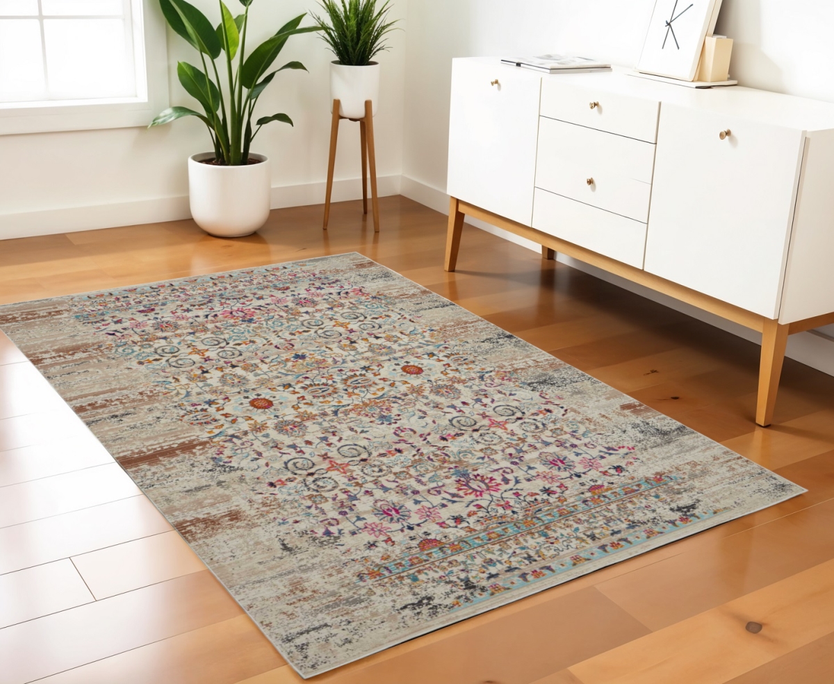 553362 4 x 6 ft. Floral Distressed Rectangle Area Rug, Ivory & Brown