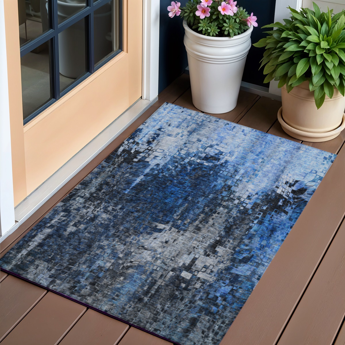 577229 3 x 5 ft. Abstract Washable Indoor & Outdoor Rectangle Area Rug, Navy Blue & Denim Blue