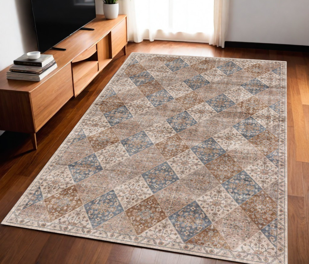 530556 5 x 8 ft. Floral Distressed Rectangle Area Rug, Brown & Blue
