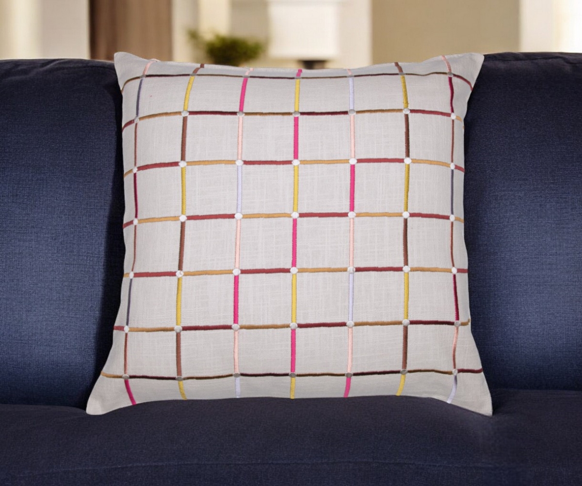 White Check Cotton Blend Throw Pillow - 24 in. - Modern Embroidery Accent