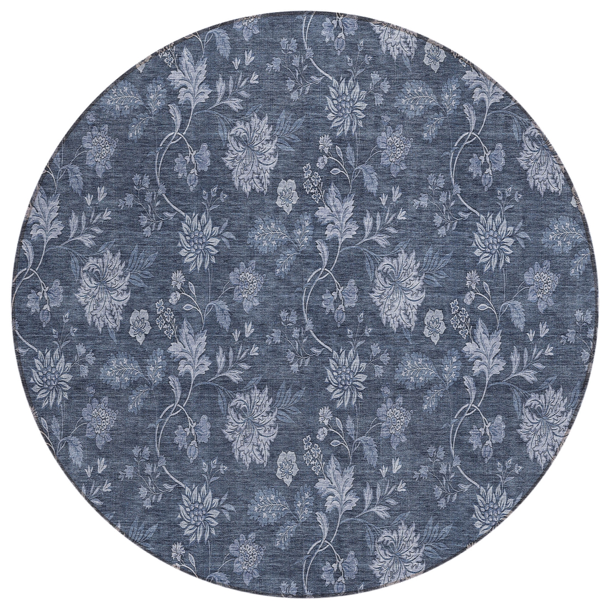 581355 8 ft. Round Floral Washable Indoor & Outdoor Area Rug, Denim Blue & Navy Blue