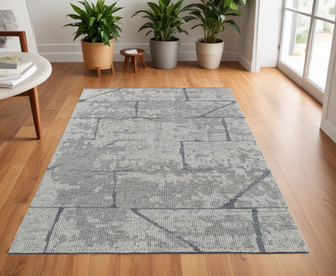 566442 4 x 6 ft. Wool Abstract Hand Knotted Worn Faded Rectangle Area Rug, Gray & Silver