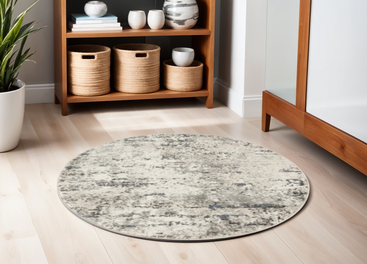 572316 4 ft. Floral Power Loom Round Rug, Gray