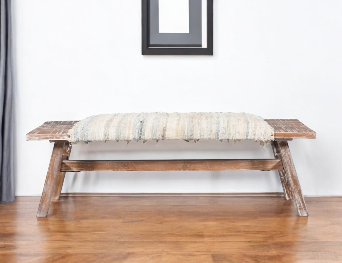 548263 50 in. White & Brown Cotton Upholstered Striped Bench