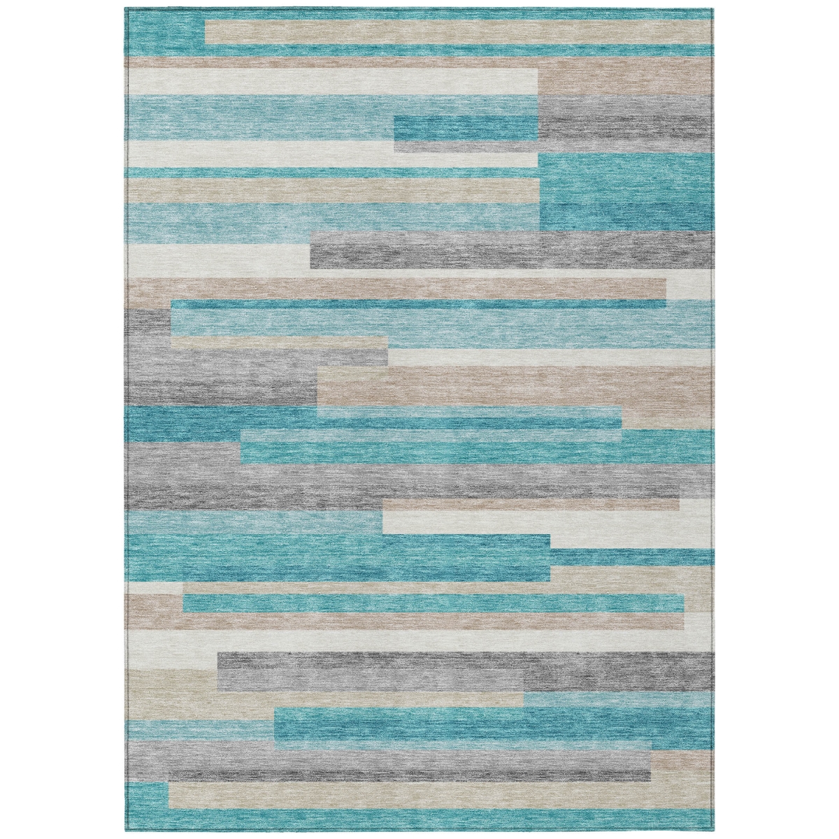 585976 3 x 5 ft. Striped Washable Indoor & Outdoor Rectangle Area Rug, Teal Blue, Gray & Beige