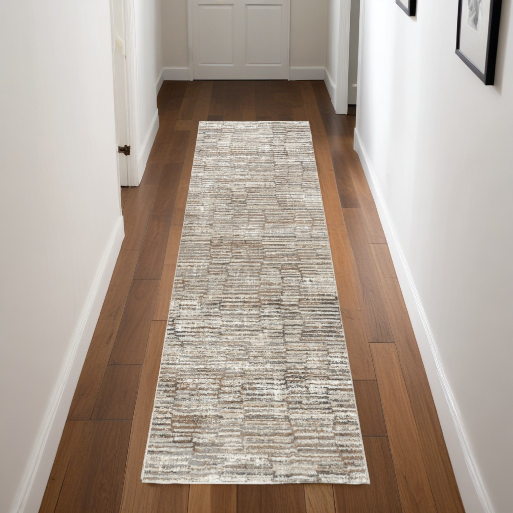 553421 8 ft. Abstract Power Loom Runner Rug, Brown & Ivory