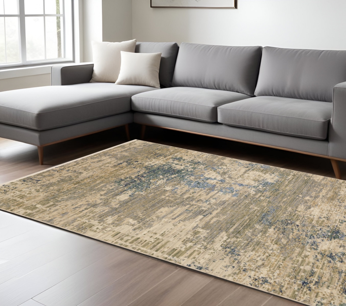 576478 8 x 11 ft. Abstract Rectangle Area Rug with Fringe, Beige & Blue