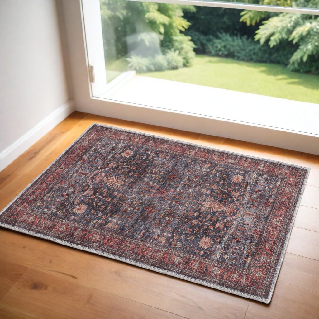 546285 2 x 4 ft. Blue & Red Oriental Power Loom Distressed Washable Non Skid Rectangle Area Rug