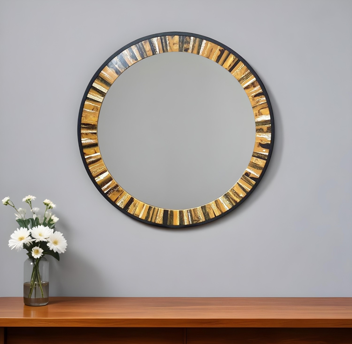 485063 32 in. Brown & Black Faux Stone Round Framed Accent Mirror