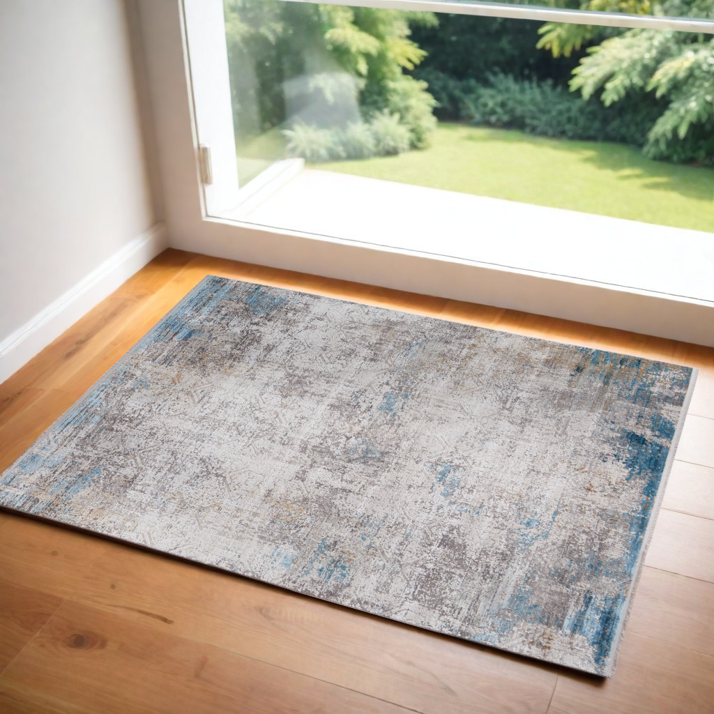 566012 3 x 5 ft. Abstract Power Loom Rectangle Area Rug with Fringe, Ivory, Gray & Blue